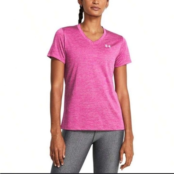 Under Armour Tops - Under Armor Twist Tech V Neck Pink Heathered Tee